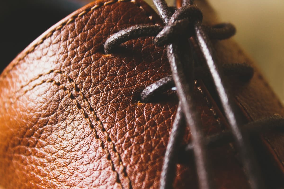 Close-up of genuine pure leather grain on a handcrafted shoe